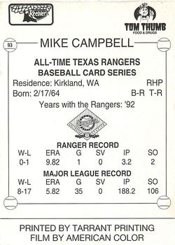 1993 Keebler Texas Rangers #93 Mike Campbell Back