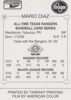 1993 Keebler Texas Rangers #126 Mario Diaz Back