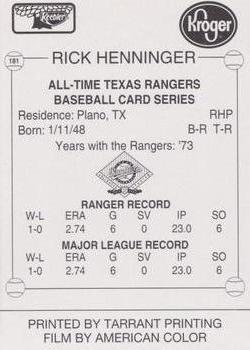 1993 Keebler Texas Rangers #181 Rick Henninger Back