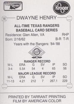 1993 Keebler Texas Rangers #182 Dwayne Henry Back