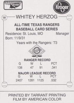 1993 Keebler Texas Rangers #184 Whitey Herzog Back