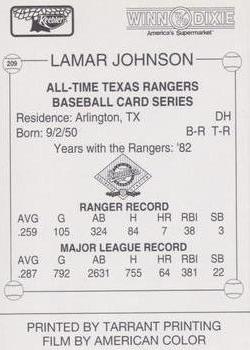 1993 Keebler Texas Rangers #209 Lamar Johnson Back