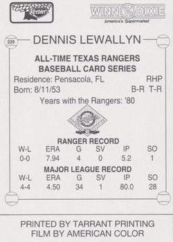 1993 Keebler Texas Rangers #229 Dennis Lewallyn Back