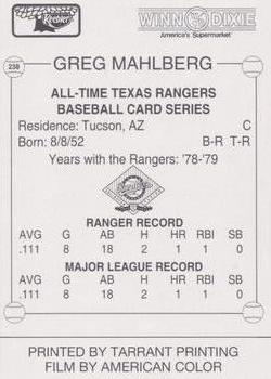 1993 Keebler Texas Rangers #238 Greg Mahlberg Back