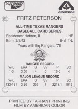 1993 Keebler Texas Rangers #291 Fritz Peterson Back