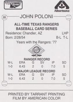 1993 Keebler Texas Rangers #295 John Poloni Back