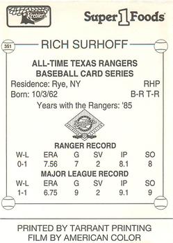 1993 Keebler Texas Rangers #351 Rich Surhoff Back
