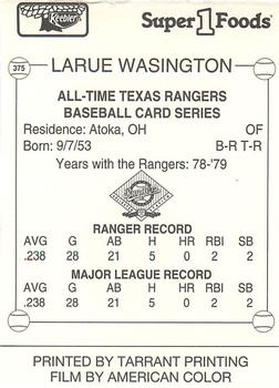 1993 Keebler Texas Rangers #375 LaRue Washington Back