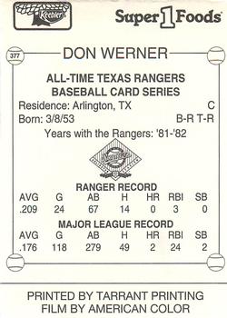 1993 Keebler Texas Rangers #377 Don Werner Back