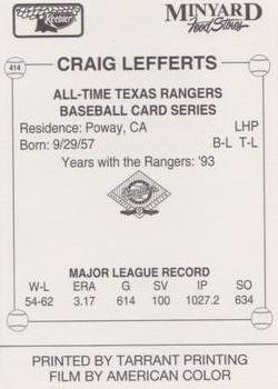1993 Keebler Texas Rangers #414 Craig Lefferts Back
