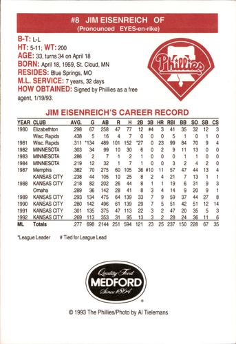 1993 Medford Philadelphia Phillies Photocards #NNO Jim Eisenreich Back