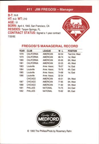 1993 Medford Philadelphia Phillies Photocards #NNO Jim Fregosi Back