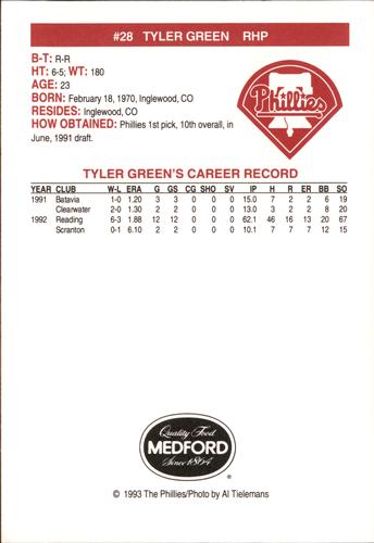 1993 Medford Philadelphia Phillies Photocards #NNO Tyler Green Back