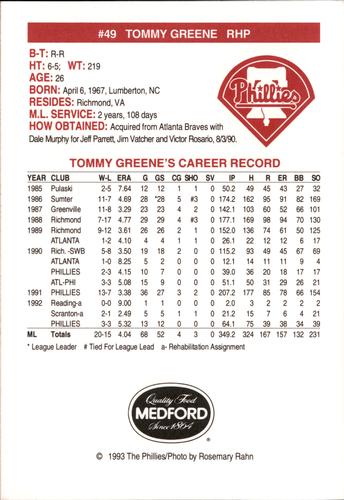 1993 Medford Philadelphia Phillies Photocards #NNO Tommy Greene Back