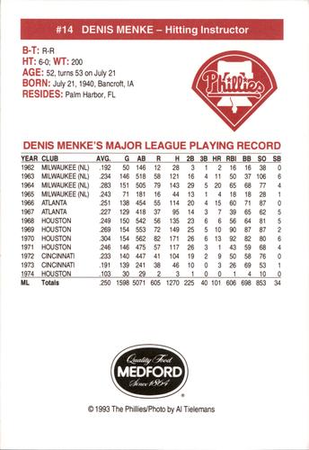 1993 Medford Philadelphia Phillies Photocards #NNO Denis Menke Back