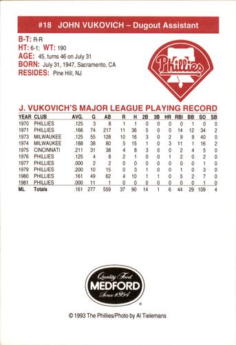 1993 Medford Philadelphia Phillies Photocards #NNO John Vukovich Back