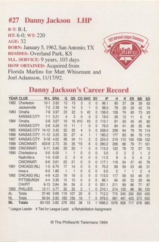 1994 Philadelphia Phillies Photocards #NNO Danny Jackson Back