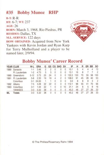 1994 Philadelphia Phillies Photocards #NNO Bobby Munoz Back