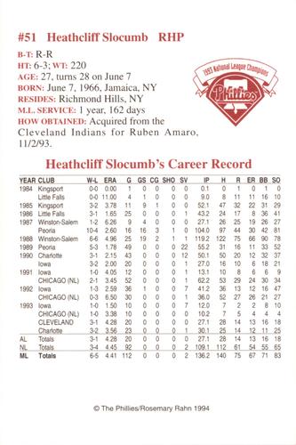 1994 Philadelphia Phillies Photocards #NNO Heathcliff Slocumb Back