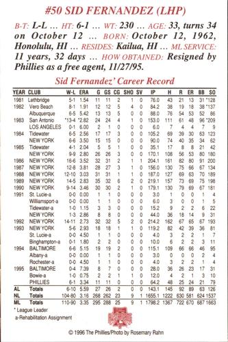 1996 Philadelphia Phillies Photocards #NNO Sid Fernandez Back