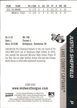 2015 Choice Midwest League All-Stars #34 Justus Sheffield Back