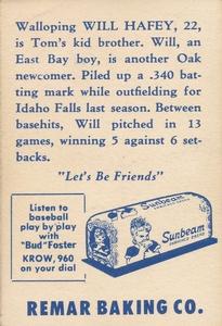 1947 Remar Bread Oakland Oaks #16 Will Hafey Back