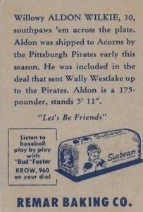 1947 Remar Bread Oakland Oaks #23 Aldon Wilkie Back