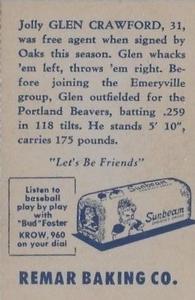 1947 Remar Bread Oakland Oaks #25 Glenn Crawford Back