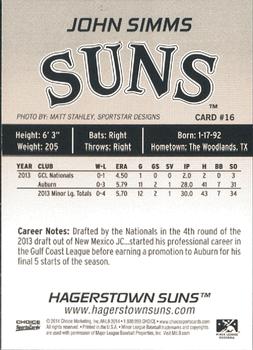 2014 Choice Hagerstown Suns #16 John Simms Back