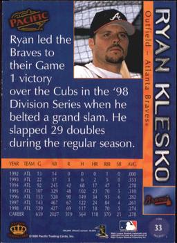 1999 Pacific - Platinum Blue #33 Ryan Klesko  Back