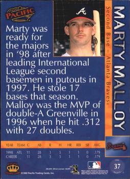 1999 Pacific - Platinum Blue #37 Marty Malloy  Back
