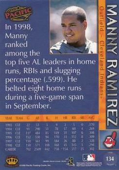 1999 Pacific - Platinum Blue #134 Manny Ramirez  Back