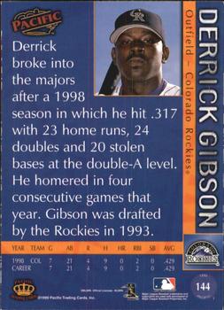 1999 Pacific - Platinum Blue #144a Derrick Gibson Back