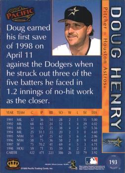 1999 Pacific - Platinum Blue #193 Doug Henry  Back
