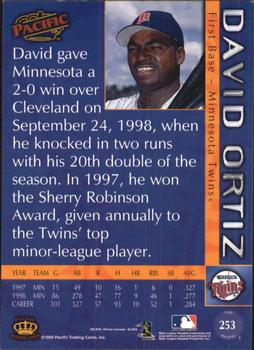 1999 Pacific - Platinum Blue #253 David Ortiz  Back