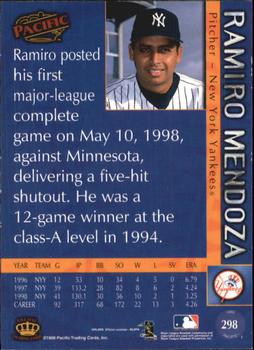 1999 Pacific - Platinum Blue #298 Ramiro Mendoza  Back