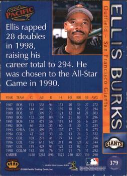 1999 Pacific - Platinum Blue #379 Ellis Burks  Back
