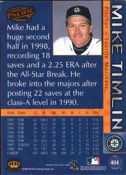 1999 Pacific - Platinum Blue #404 Mike Timlin  Back