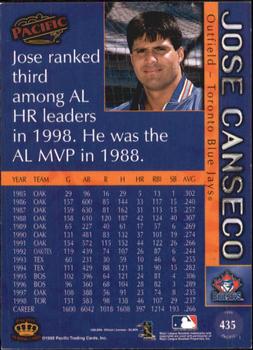 1999 Pacific - Platinum Blue #435 Jose Canseco  Back