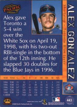 1999 Pacific - Platinum Blue #443 Alex Gonzalez  Back