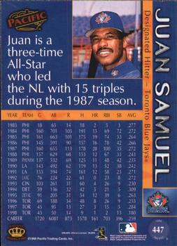 1999 Pacific - Platinum Blue #447 Juan Samuel  Back