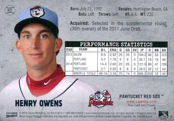 2015 Choice Pawtucket Red Sox #25 Henry Owens Back