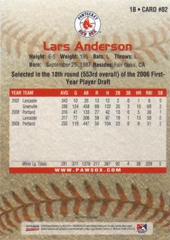 2010 Choice Pawtucket Red Sox #02 Lars Anderson Back