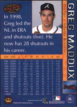 1999 Pacific - Red #36 Greg Maddux  Back