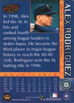 1999 Pacific - Red #40a Alex Rodriguez Back