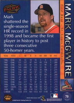 1999 Pacific - Red #70 Mark McGwire  Back