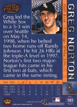 1999 Pacific - Red #103 Greg Norton  Back