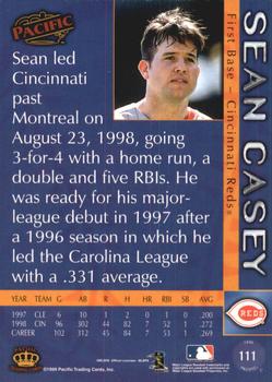 1999 Pacific - Red #111 Sean Casey  Back