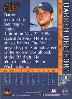 1999 Pacific - Red #217 Darren Dreifort  Back