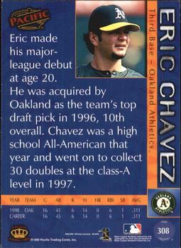 1999 Pacific - Red #308 Eric Chavez  Back